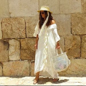 H&M cream Jacquard Ruffle Midi Kaftan Dress